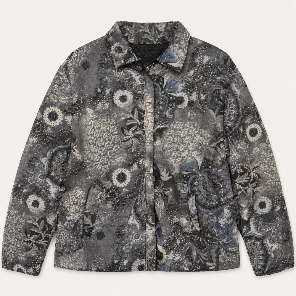 Vtg Y2K UbU Reversible Paisley Zip Jacket Metallic Floral Abstract Retro Silvr L